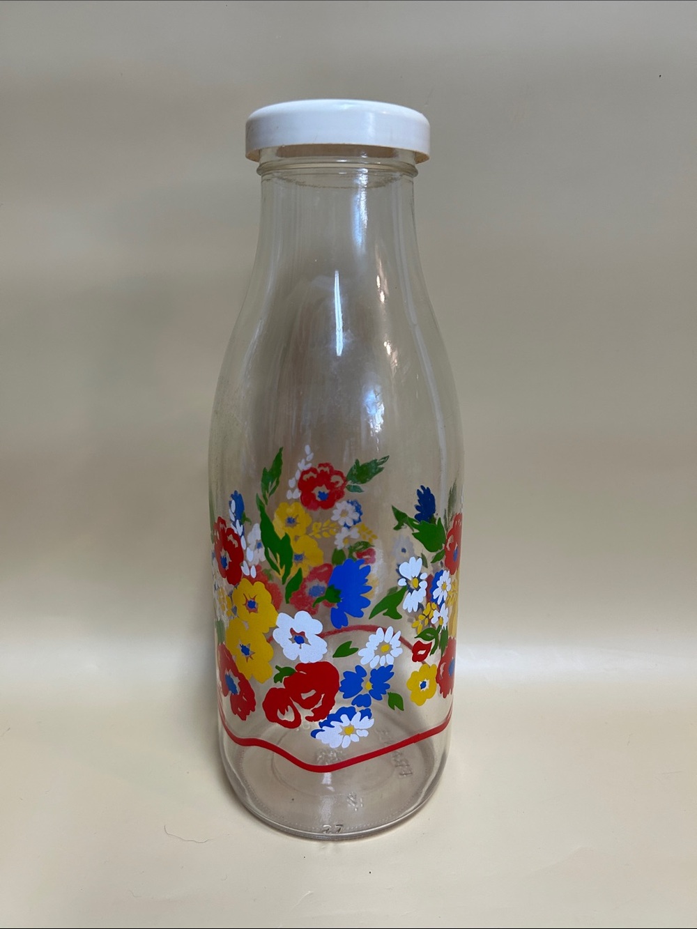 Vintage floral Glass Milk Bottle with White Lid - Clear with Multicolor Flower